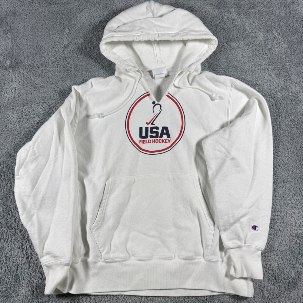 VTG Champion‎ Hoodie Mens Large White USA Field Hockey Reverse Weave Pullover